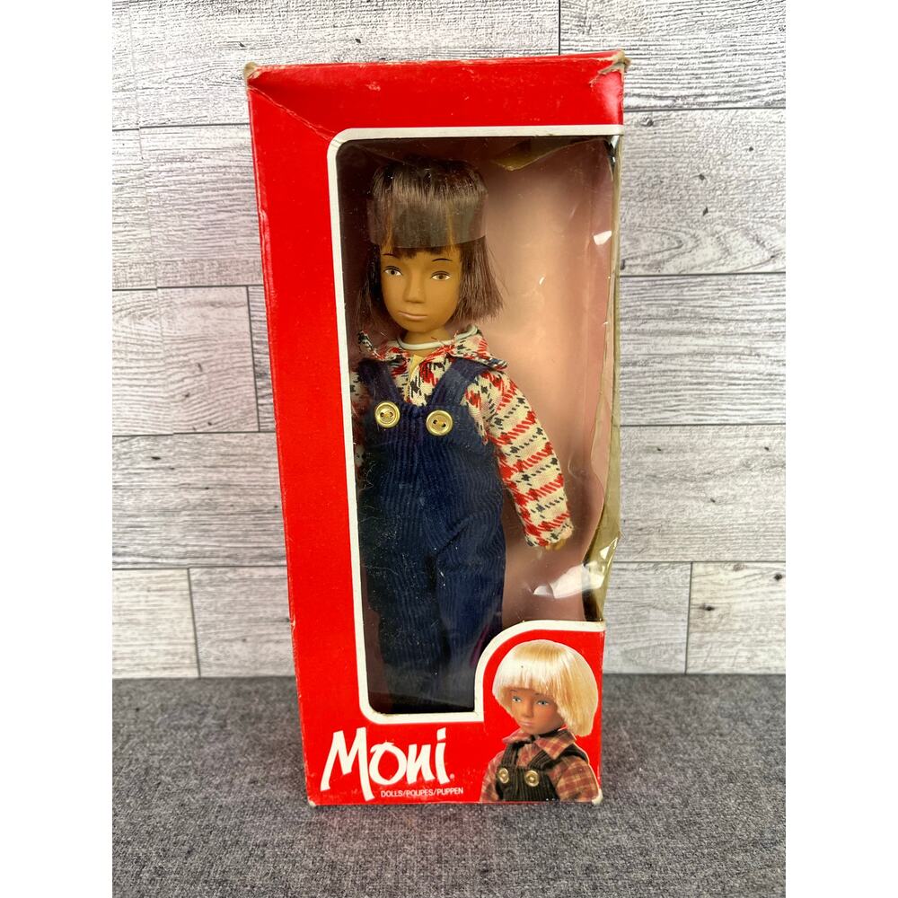 MONI URANIUM DOLL Vintage 7.5 Inch Boy Plaid Top Corduroy Overalls Boxed